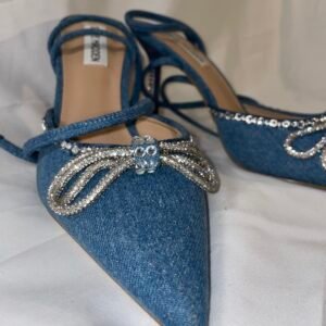 Denim Pointed-Toe Slingback Heels with Crystal Bow Detail